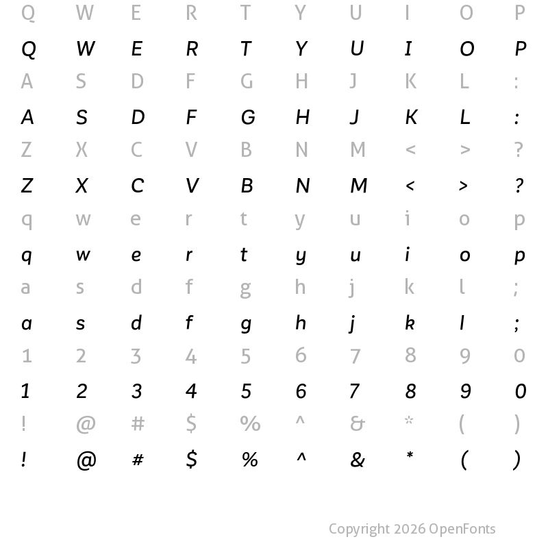 Character Map of Corporative Sans Alt Medium Italic