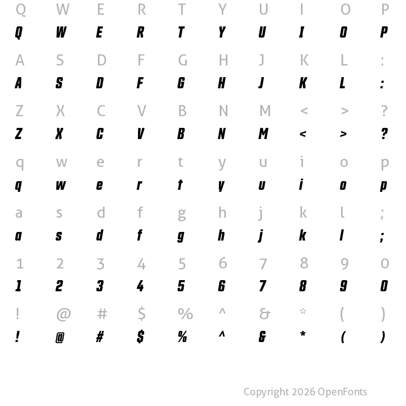 Character Map of Countach Bold Italic