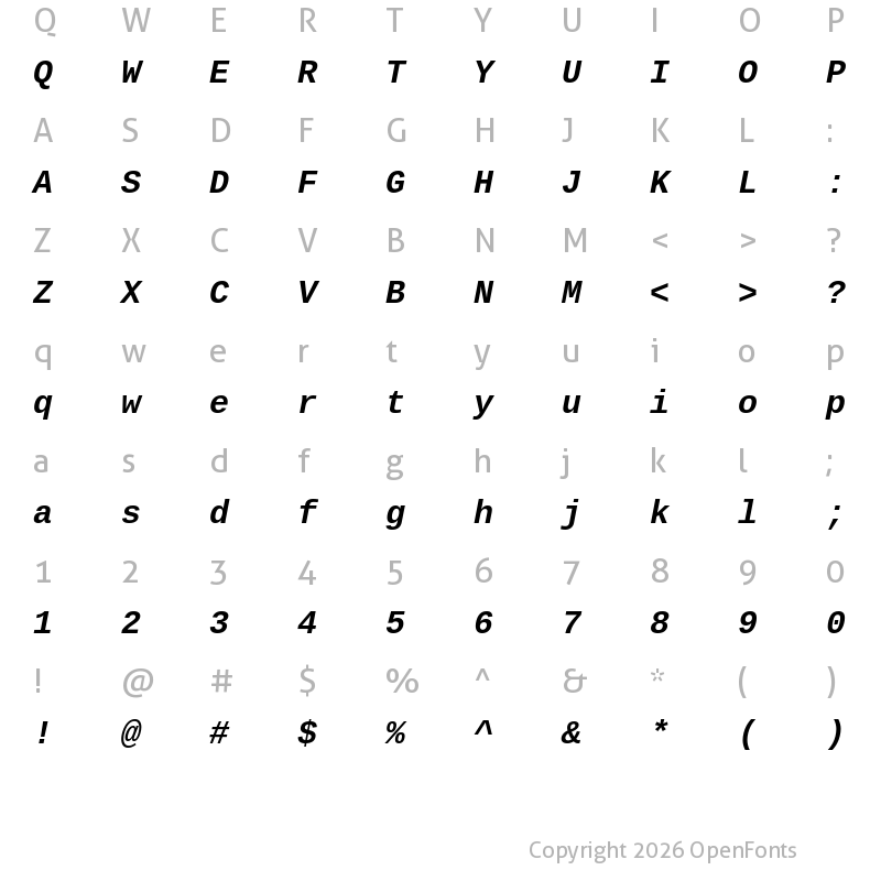 Character Map of Cousine Bold Italic