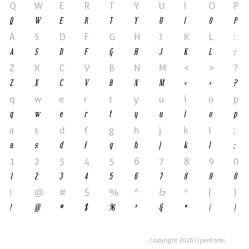 Character Map of Covington Cond Bold Italic