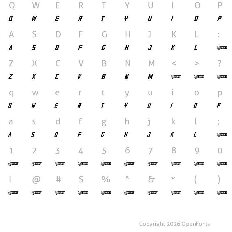 Character Map of Cracksup Demo Italic