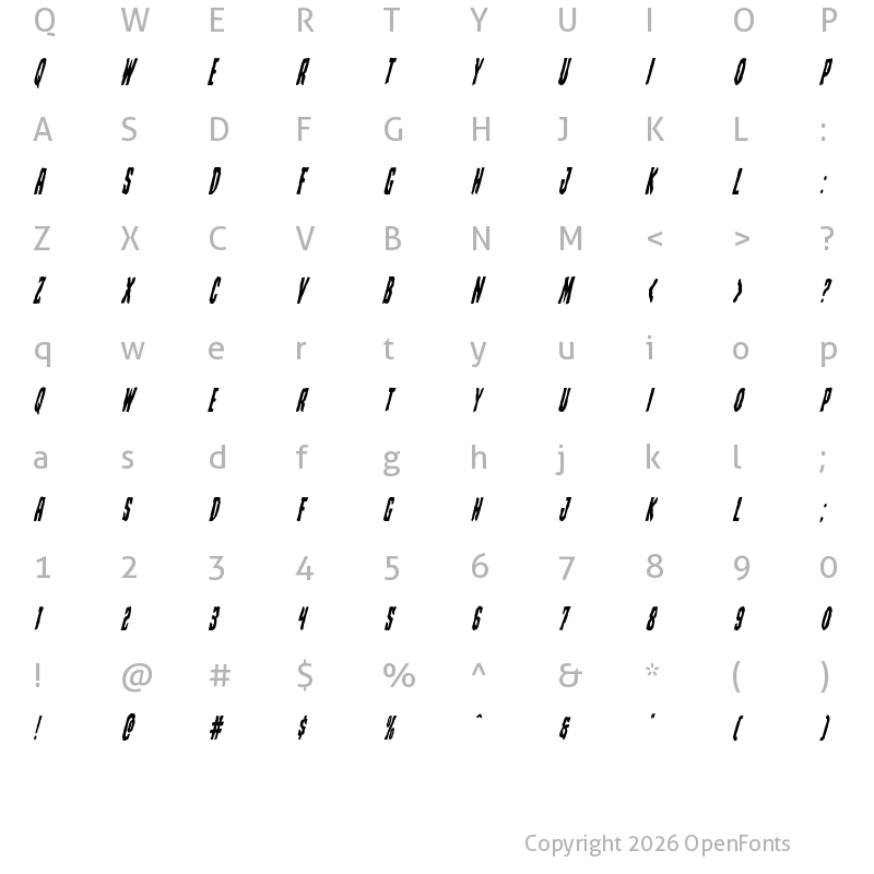 Character Map of Creepy Crawlers Condensed Italic Condensed Italic