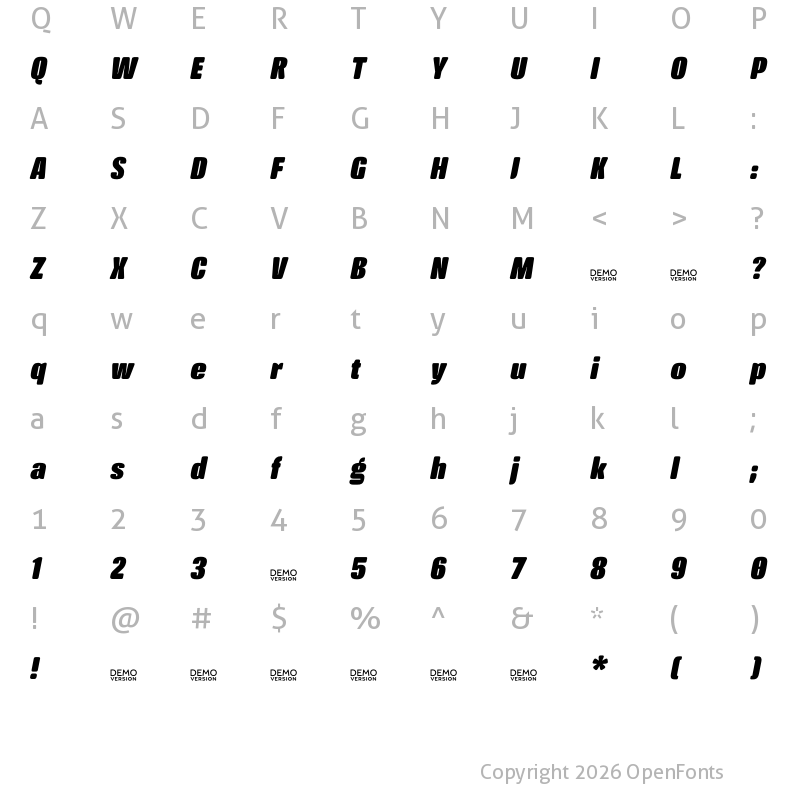 Character Map of Crossfit Demo Heavy Italic