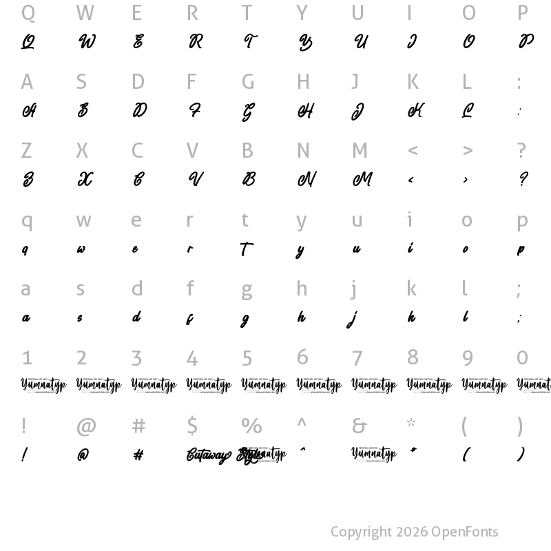 Character Map of Cutaway Style Personal Use Regular