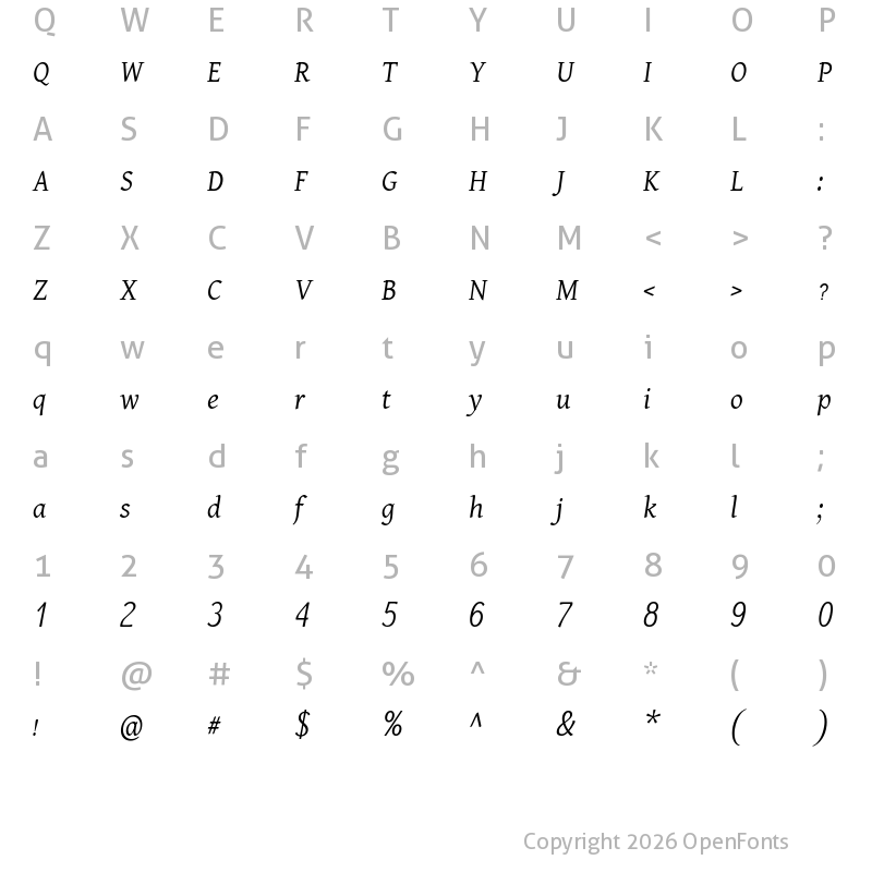 Character Map of Dai Banna SIL Light Italic