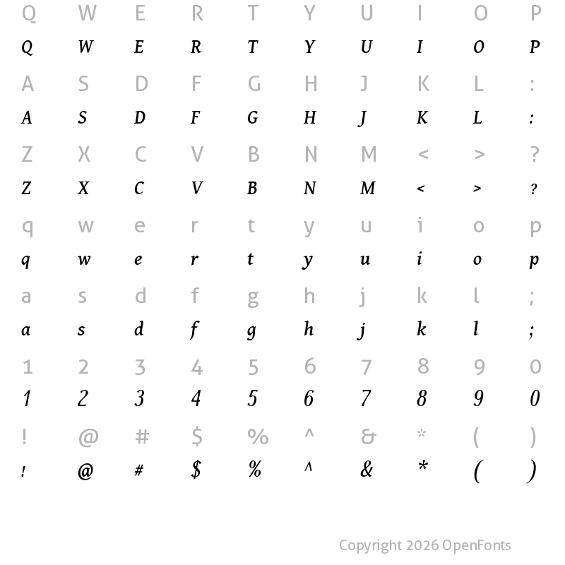 Character Map of Dai Banna SIL Medium Italic