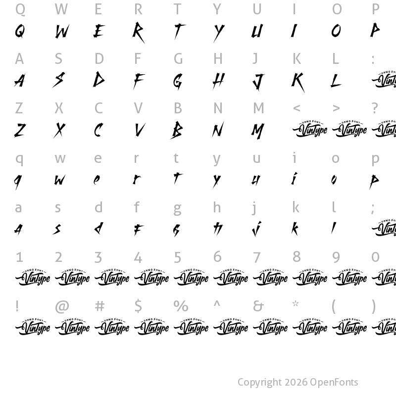 Character Map of Dark Falcon Demo Regular