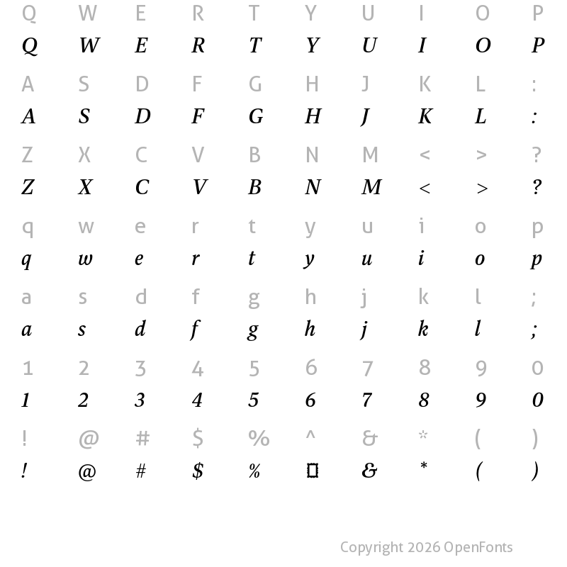 Character Map of Dashiell Bright Medium Italic