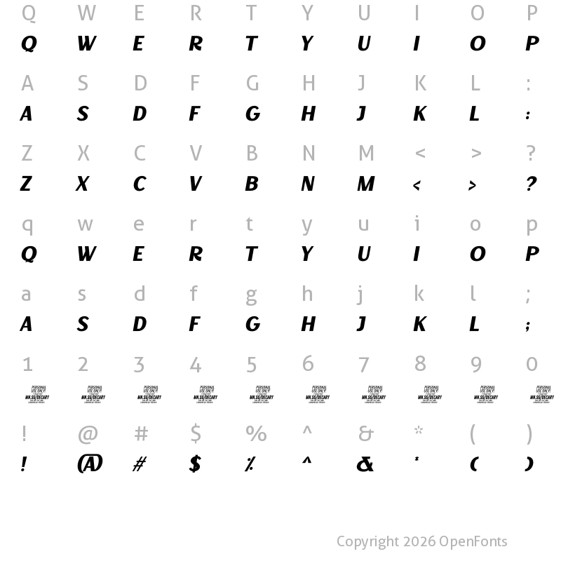 Character Map of Decary Sans BoldIt PERSONAL USE Regular