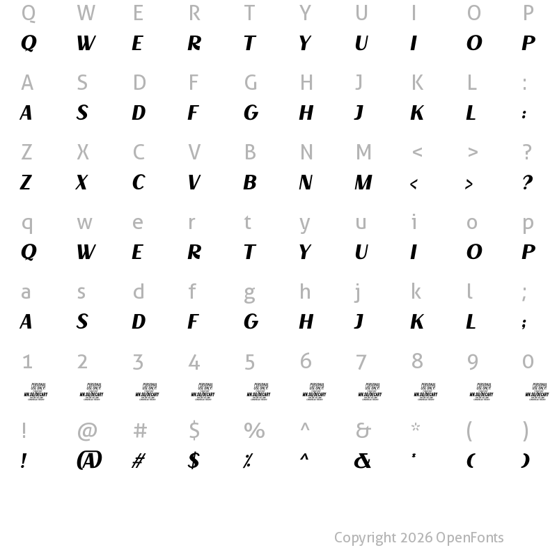 Character Map of Decary Sans It PERSONAL USE Regular