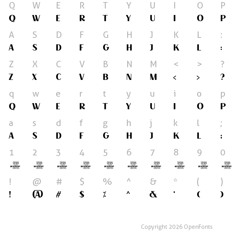 Character Map of Decary Sans Light PERSONAL USE Regular