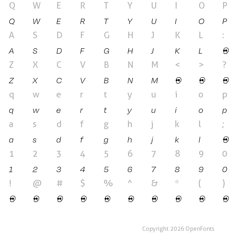 Character Map of Degular Demo Light Italic