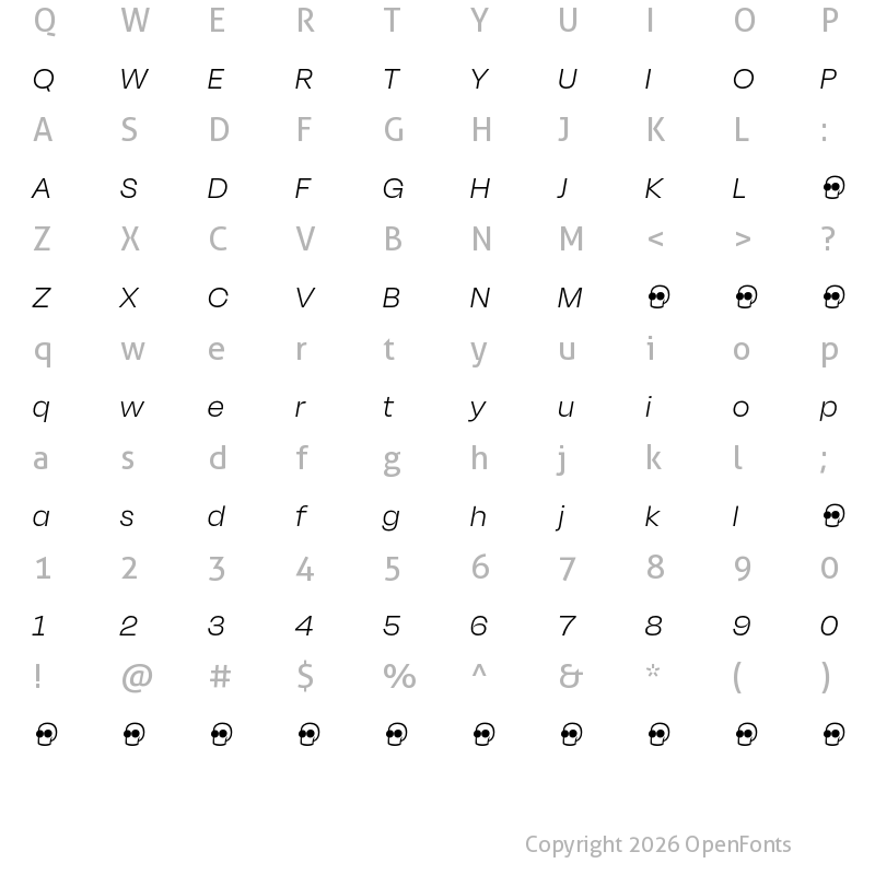 Character Map of Degular Display Demo Light Italic