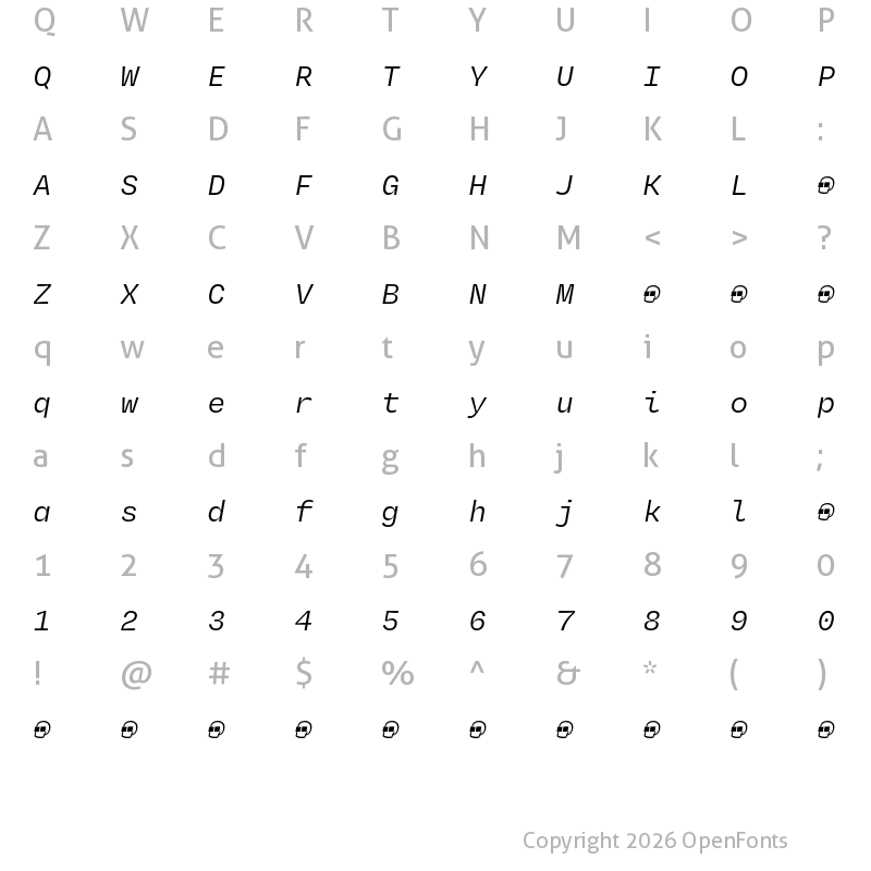 Character Map of Degular Mono Demo Italic