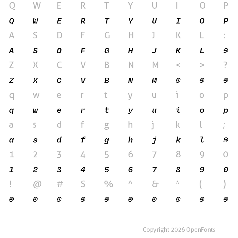 Character Map of Degular Mono Demo Semibold Italic