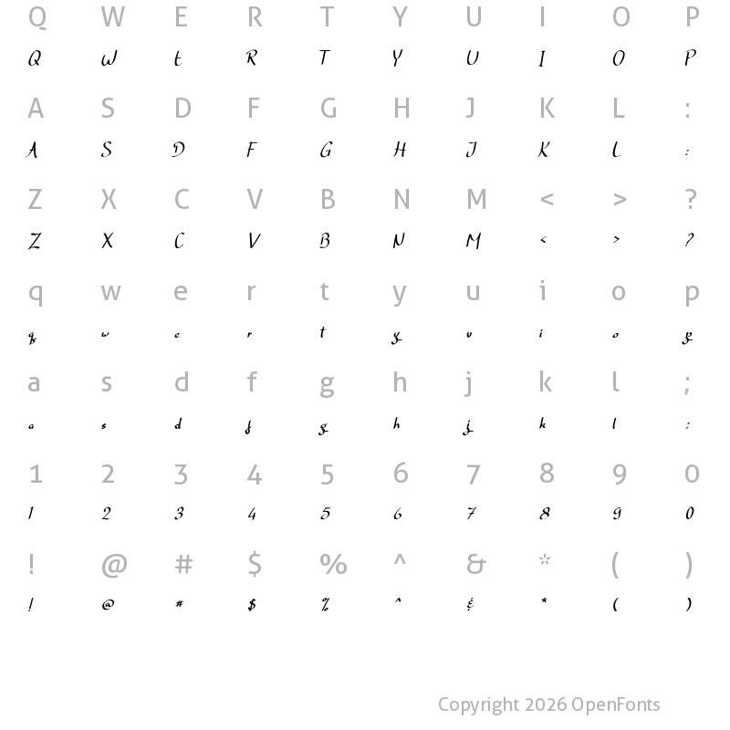 Character Map of Dellycia Italic