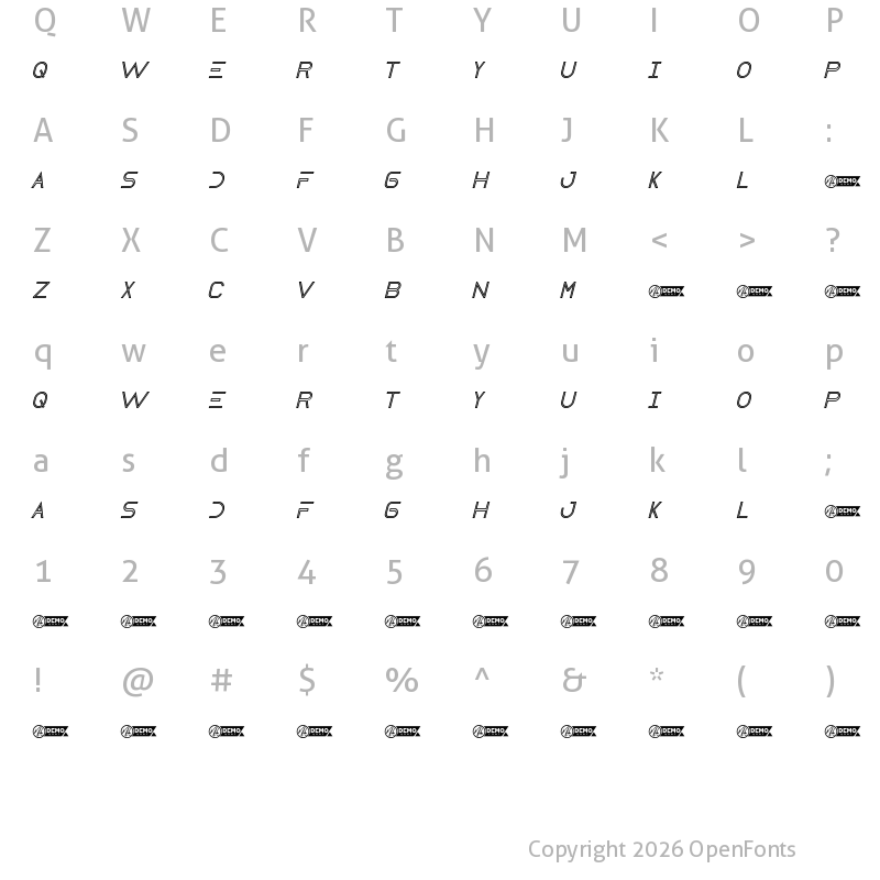 Character Map of Destia Demo Italic