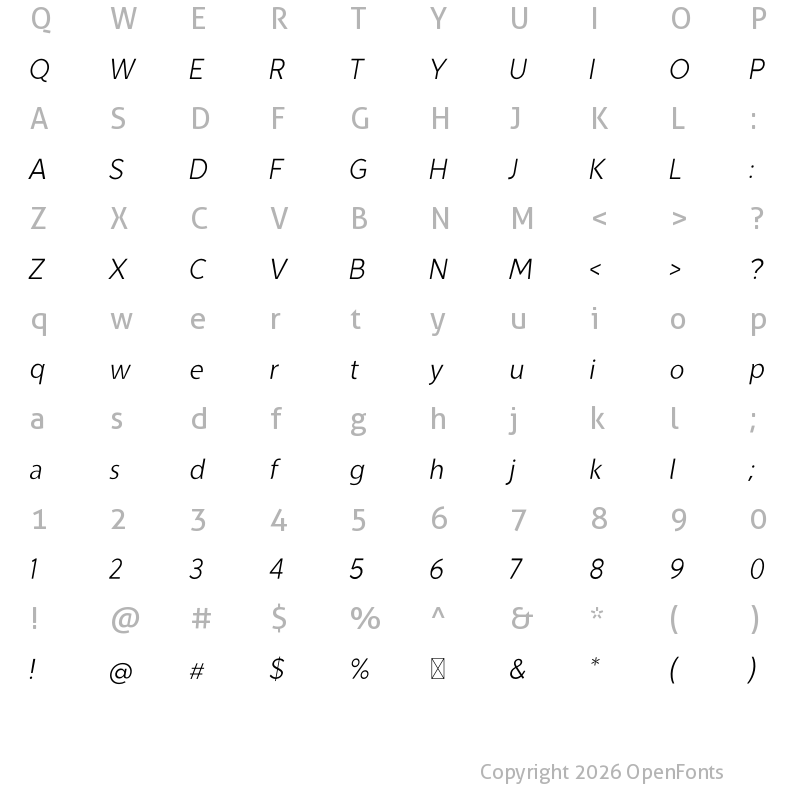 Character Map of Devina Rodent ThinItalic