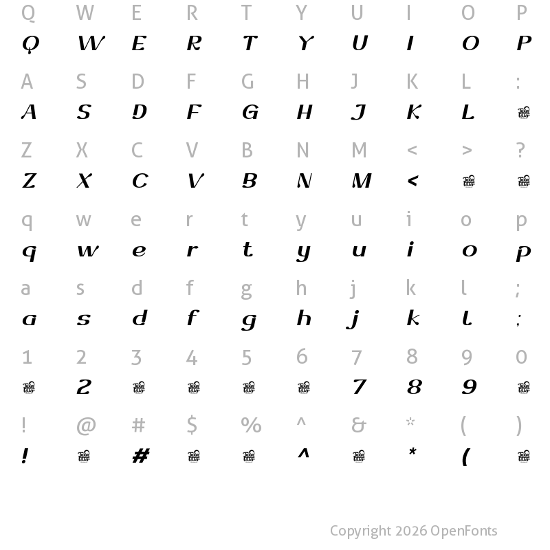 Character Map of Dofend Bold Slanted