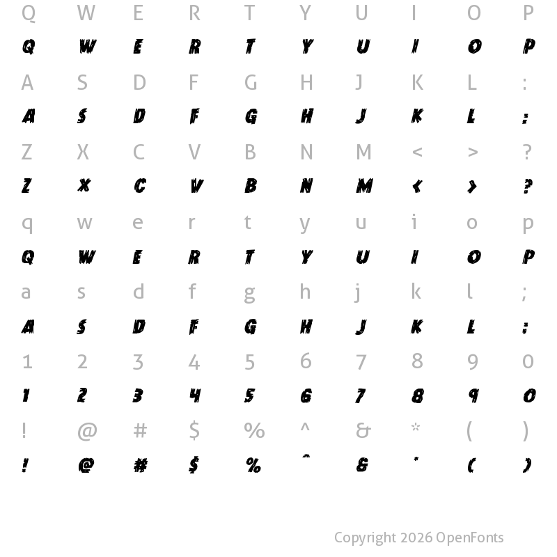 Character Map of Dokter Monstro Staggered Italic Italic