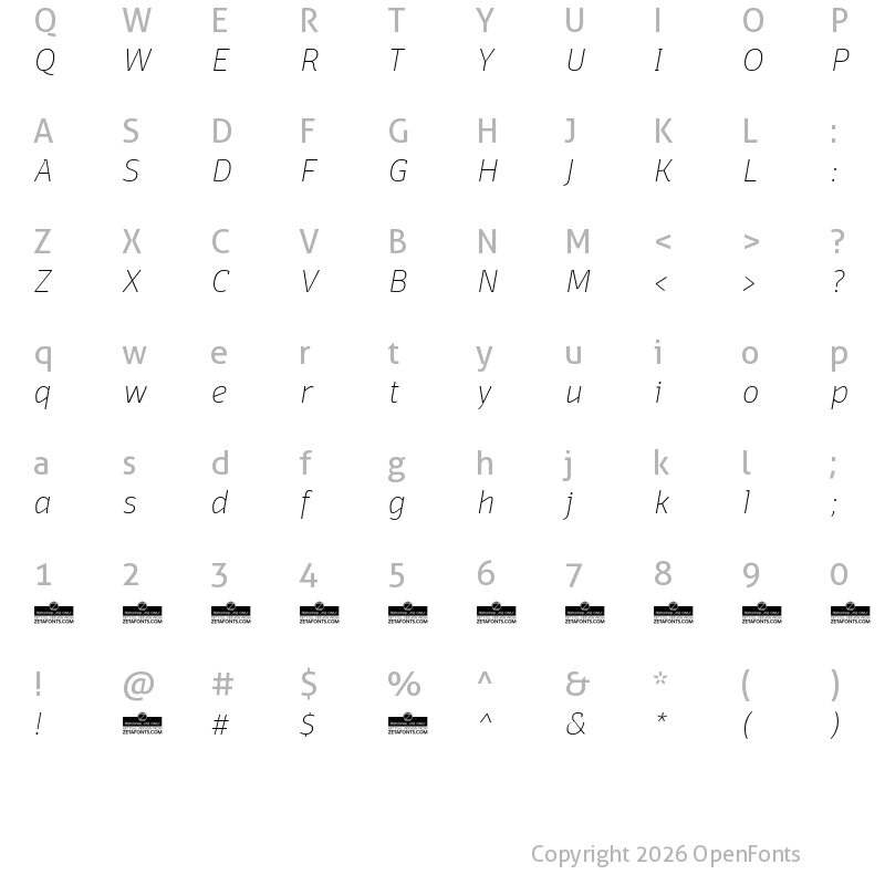 Character Map of Domotika Trial Thin Italic