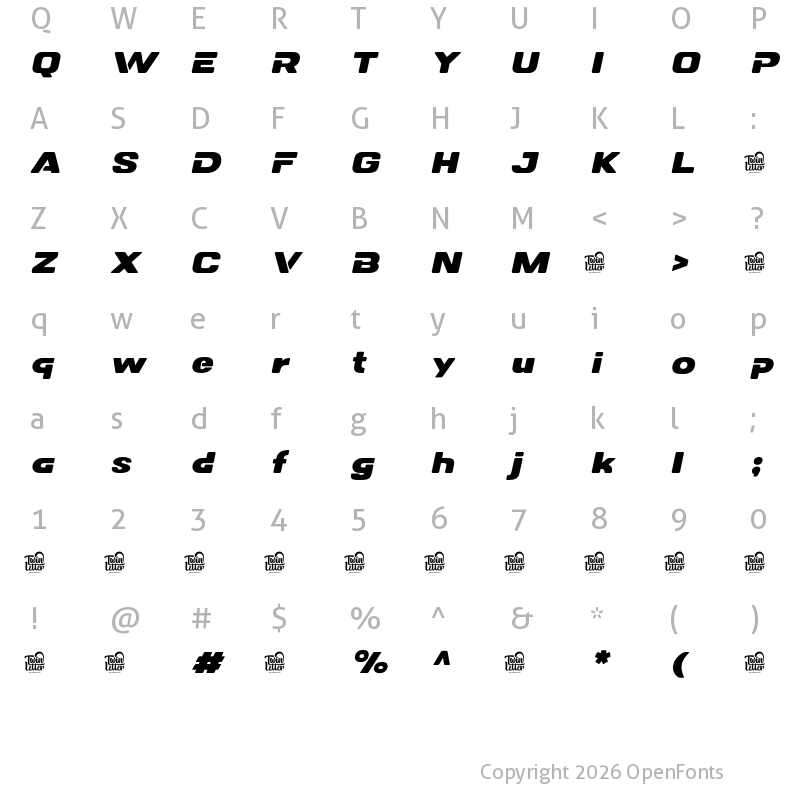 Character Map of DOVENS Personal Use Extra Bold Slanted