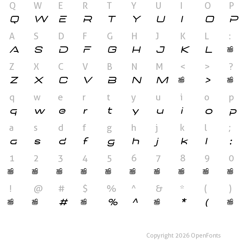 Character Map of DOVENS Personal Use Thin Slanted