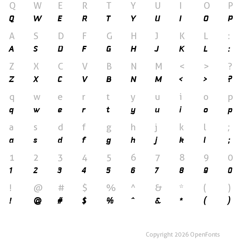 Character Map of Downtempo Bold Italic