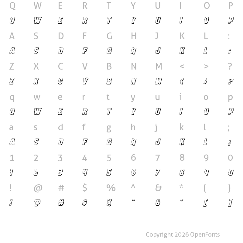 Character Map of Dread Ringer 3D Italic Italic