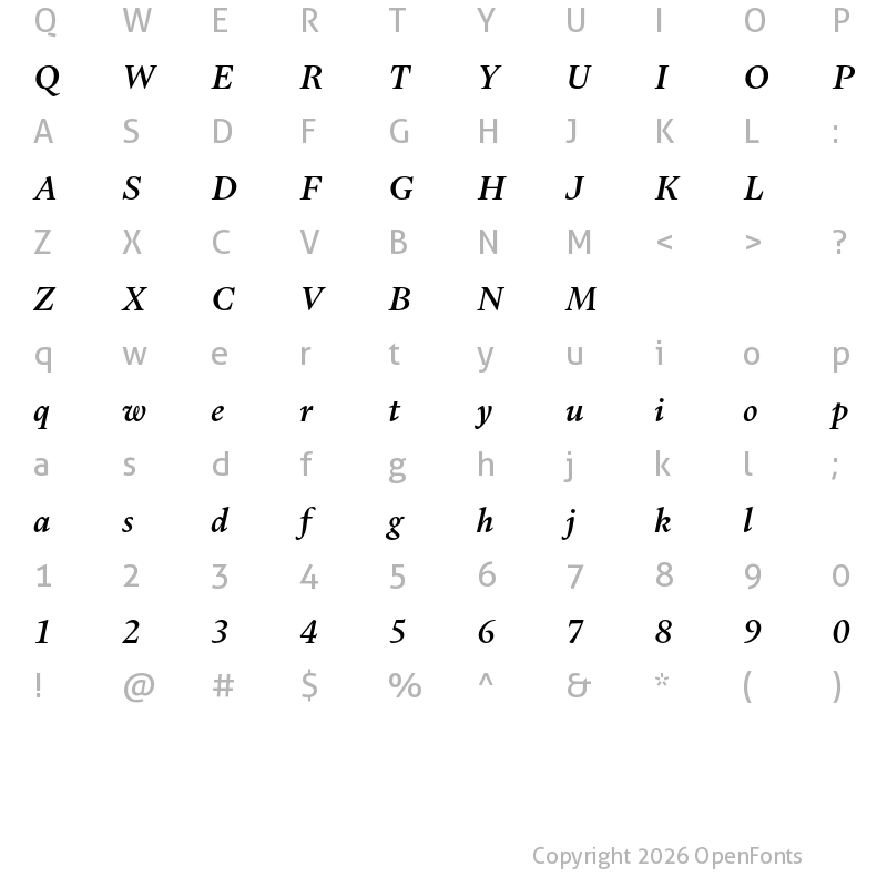 Character Map of Dupincel Small Test Book Italic