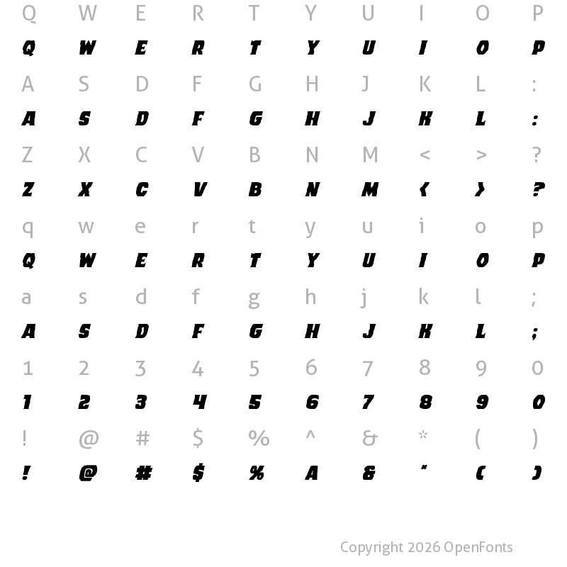 Character Map of Dusk Demon Expanded Italic Regular