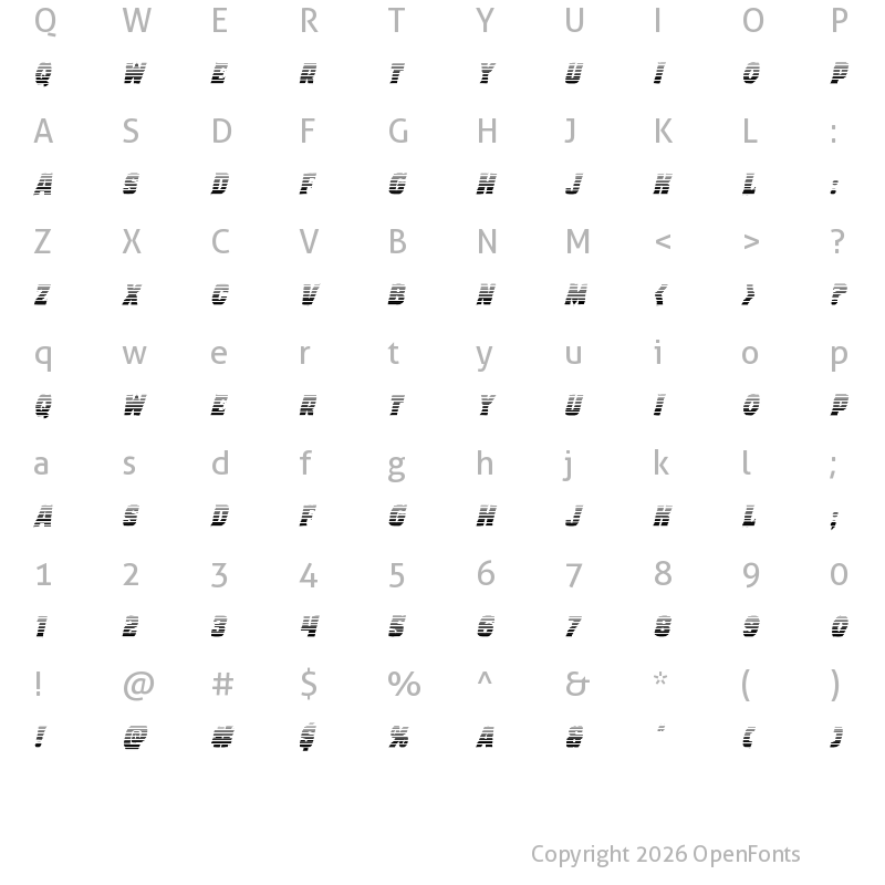 Character Map of Dusk Demon Gradient Italic Regular