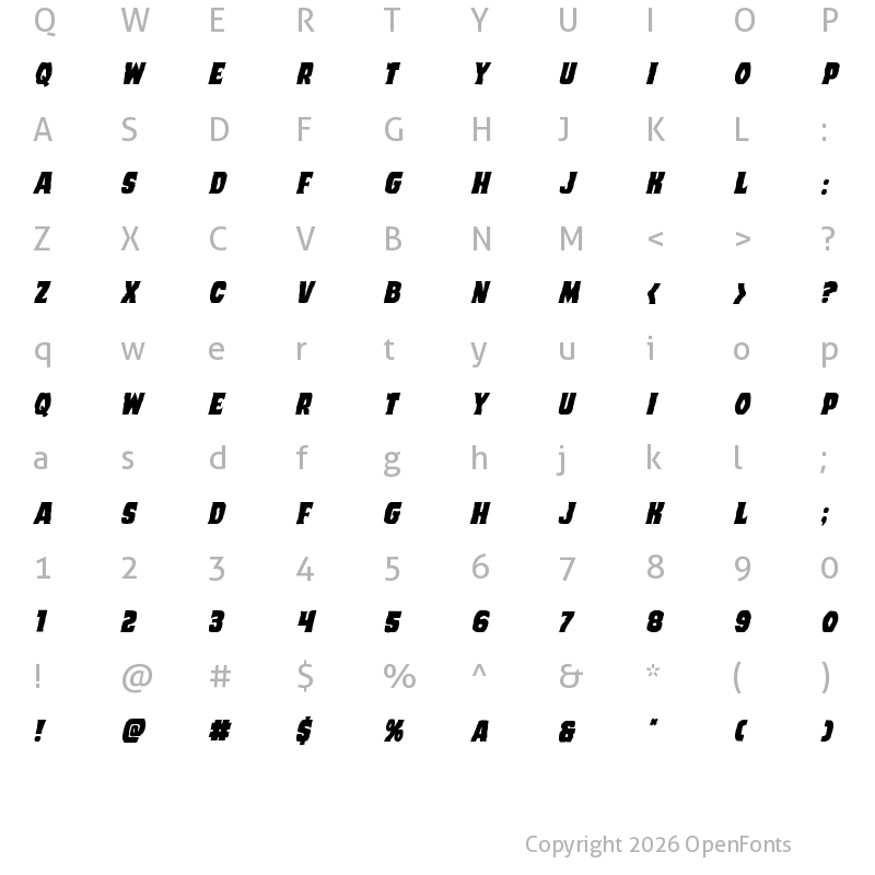 Character Map of Dusk Demon Staggered Italic Regular