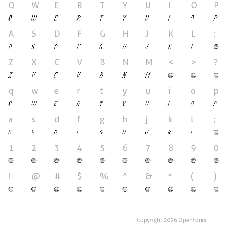 Character Map of Dynastic Demo Italic