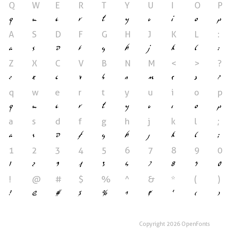 Character Map of Eagleclaw Condensed Italic Condensed Italic
