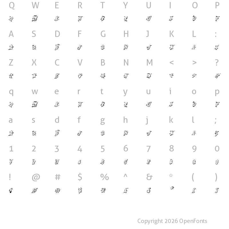 Character Map of Earthshake 3D Italic Italic