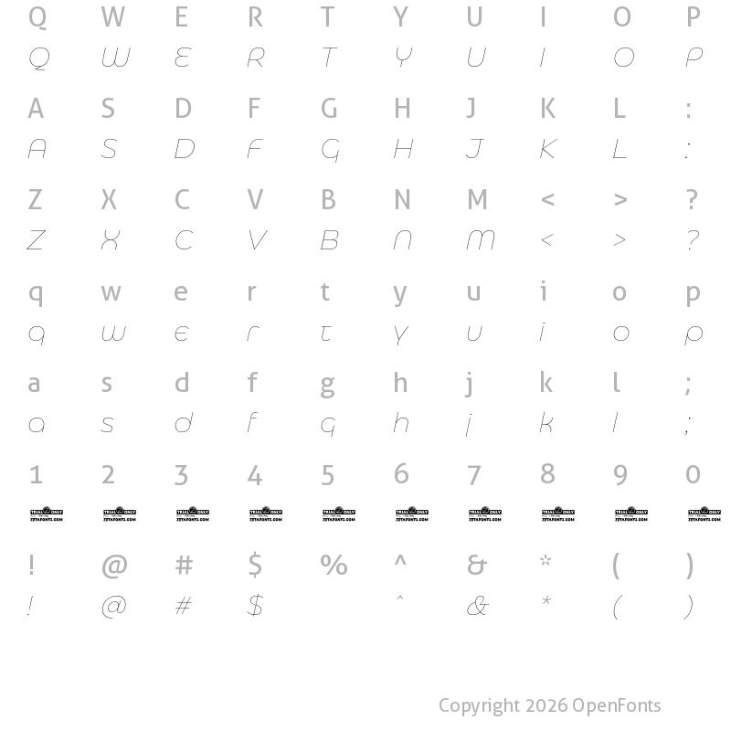 Character Map of Eastman Alternate Trial Thin Italic