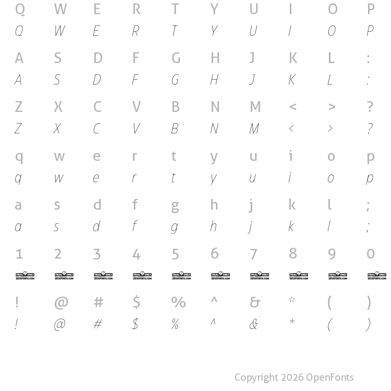 Character Map of Eastman Condensed Trial Extralight Italic