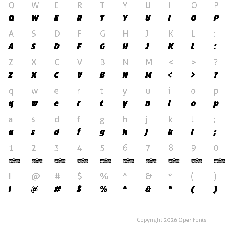 Character Map of Eastman Condensed Trial Heavy Italic
