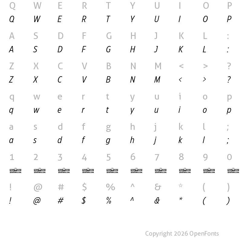 Character Map of Eastman Condensed Trial Italic