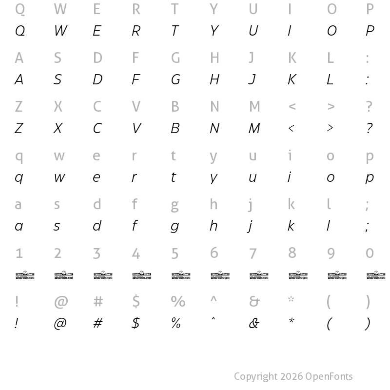 Character Map of Eastman Grotesque Trial Regular Offset Italic