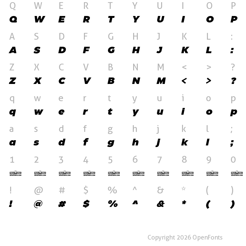 Character Map of Eastman Roman Trial Black Italic