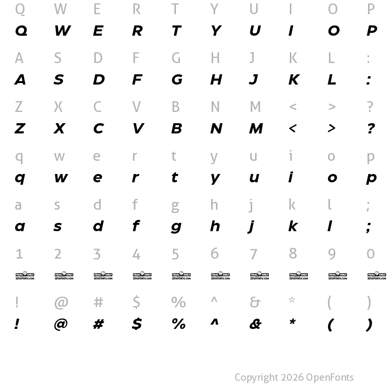 Character Map of Eastman Roman Trial Bold Italic