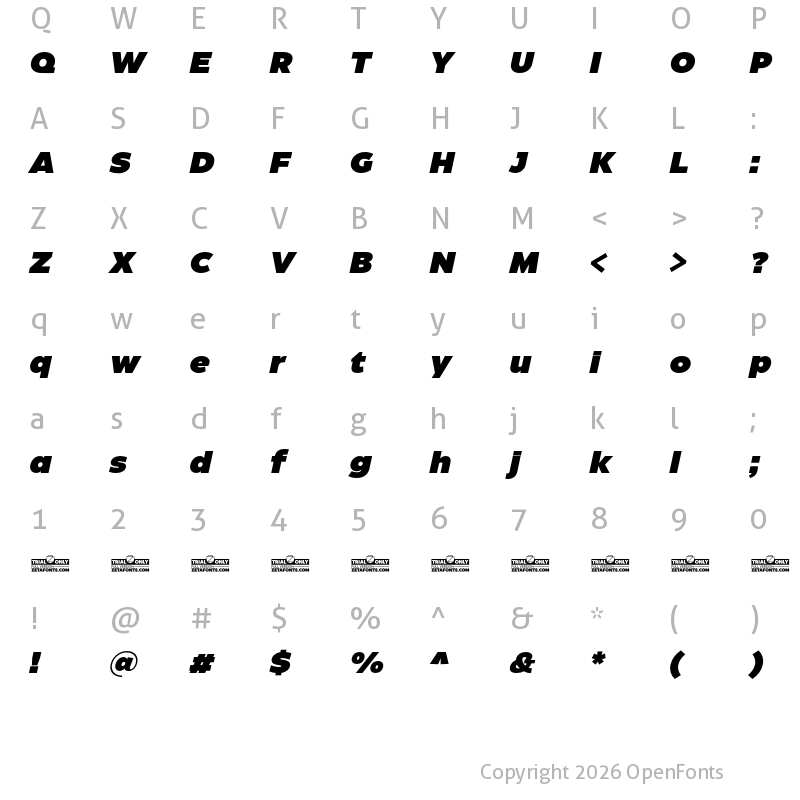 Character Map of Eastman Roman Trial Heavy Italic
