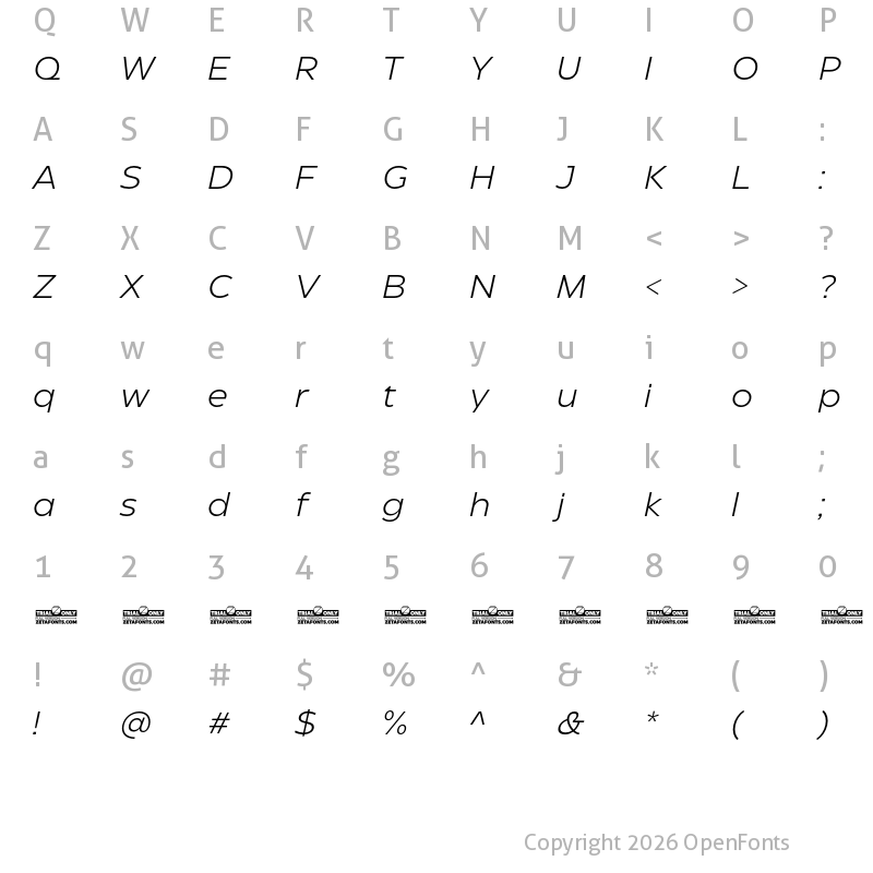 Character Map of Eastman Roman Trial Regular Offset Italic