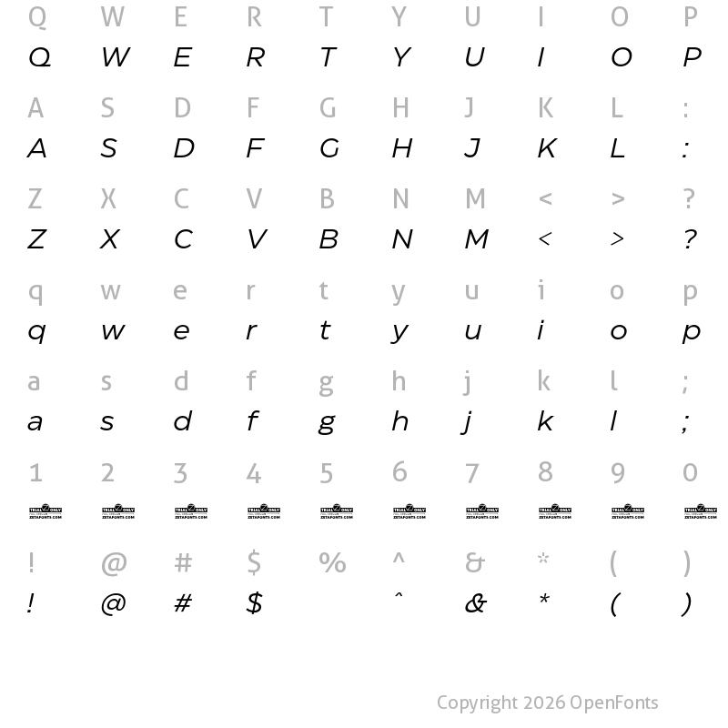 Character Map of Eastman Trial Italic