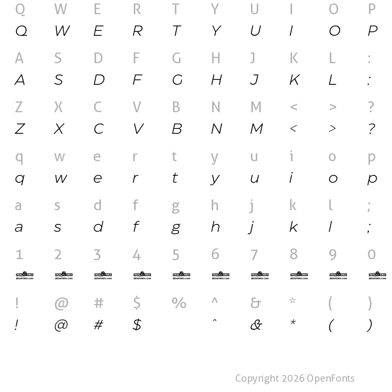 Character Map of Eastman Trial Regular Offset Italic