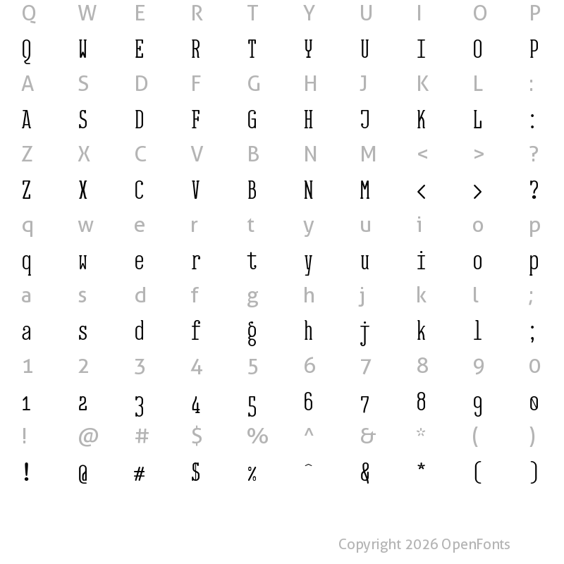 Character Map of EB Jessica Condensed Book