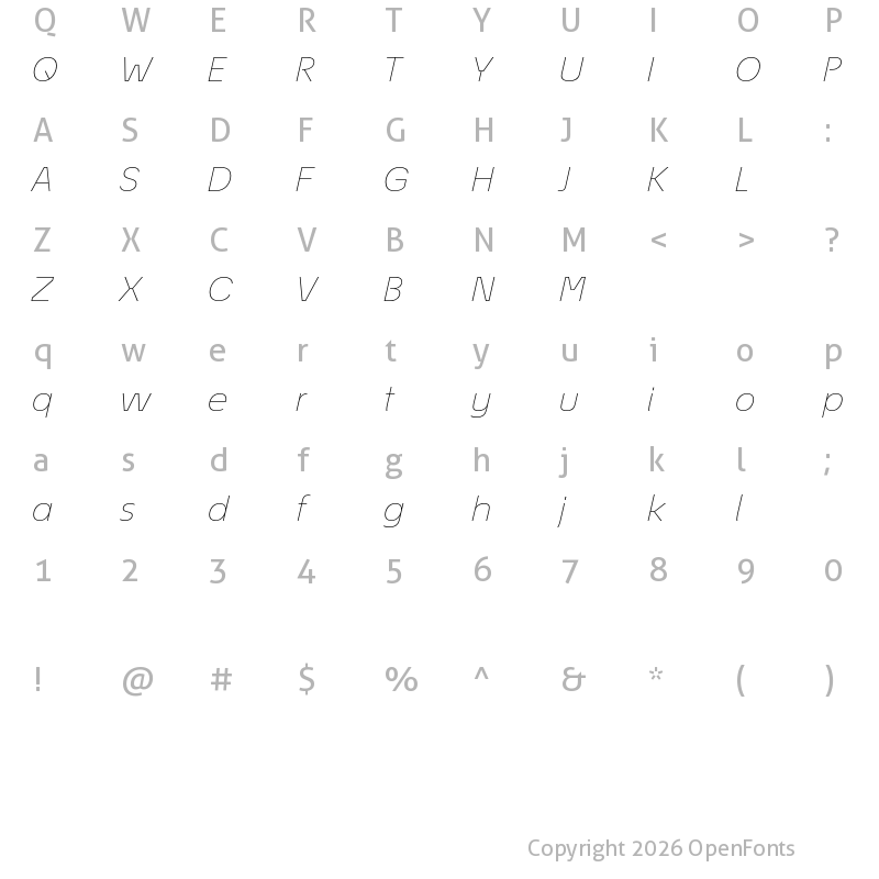 Character Map of EconoSans Reduced 34 Thin Expanded Italic