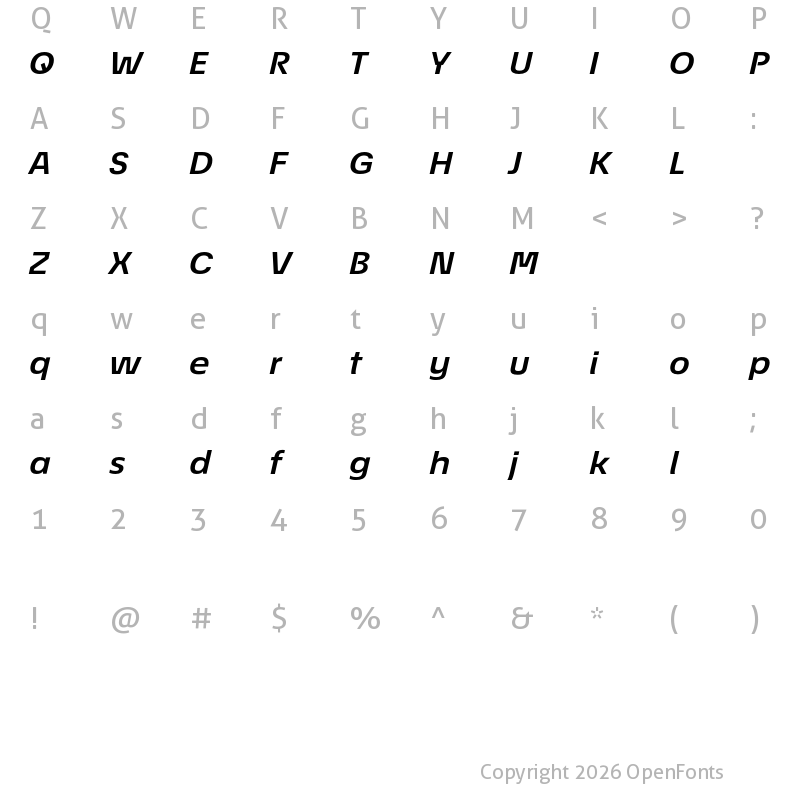 Character Map of EconoSans Reduced 74 Bold Expanded Italic